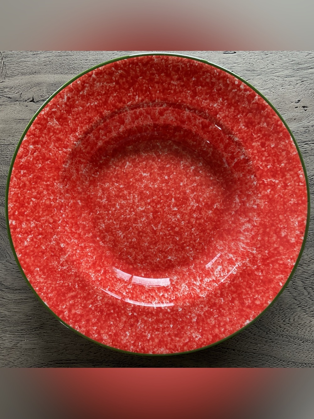 Over and Back Discontinued Sojourn Red with Green Rim Spongeware Pasta Bowl